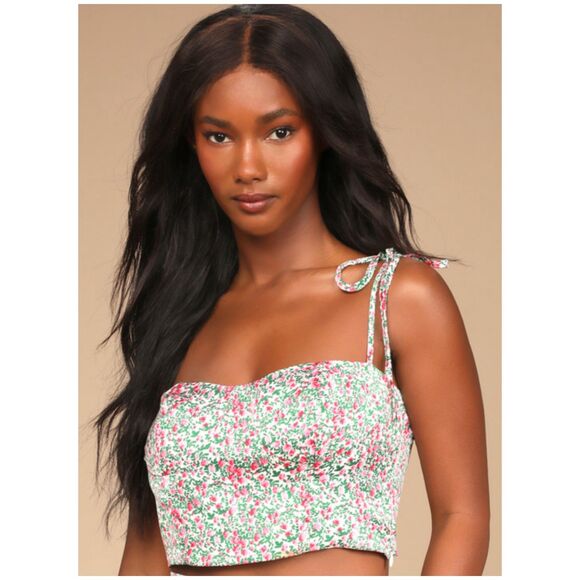 LULUS Green and Pink Floral Print Cropped Cami Top - Picture 1 of 5